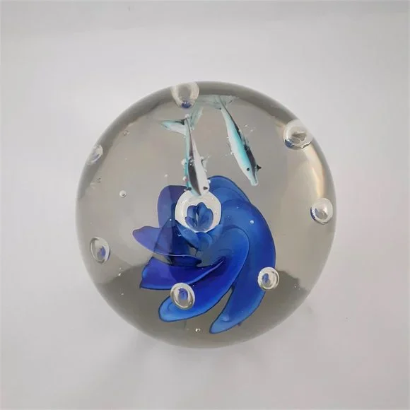 Vintage Unique Glass Paperweight Featuring Two Whales
